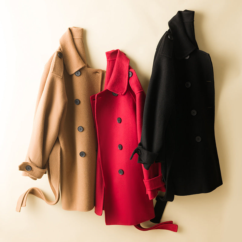 Women's Double-Breasted Wool Blend Coat with Waist Belt, Epaulettes and Adjustable Cuffs Chichicherry