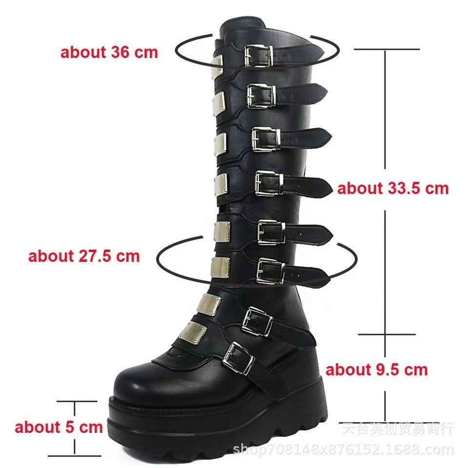 Women's platform knee-high gothic biker boots with multiple buckles and metal plates Chichicherry
