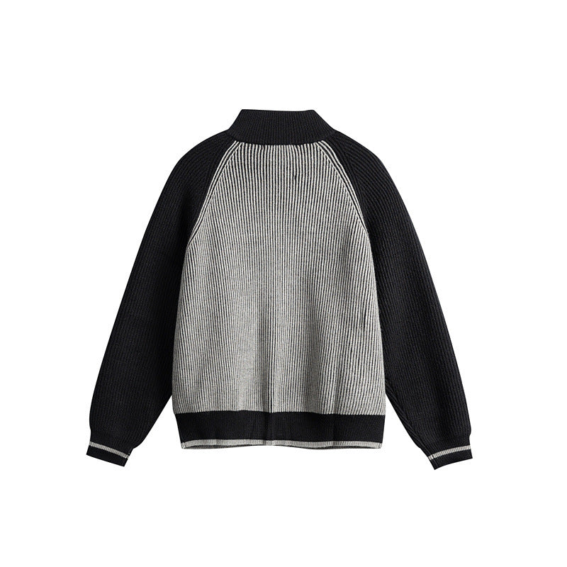 Unisex Knitted Zip Cardigan in Raglan Cut with High Stand-Up Collar and Rib Structure Chichicherry