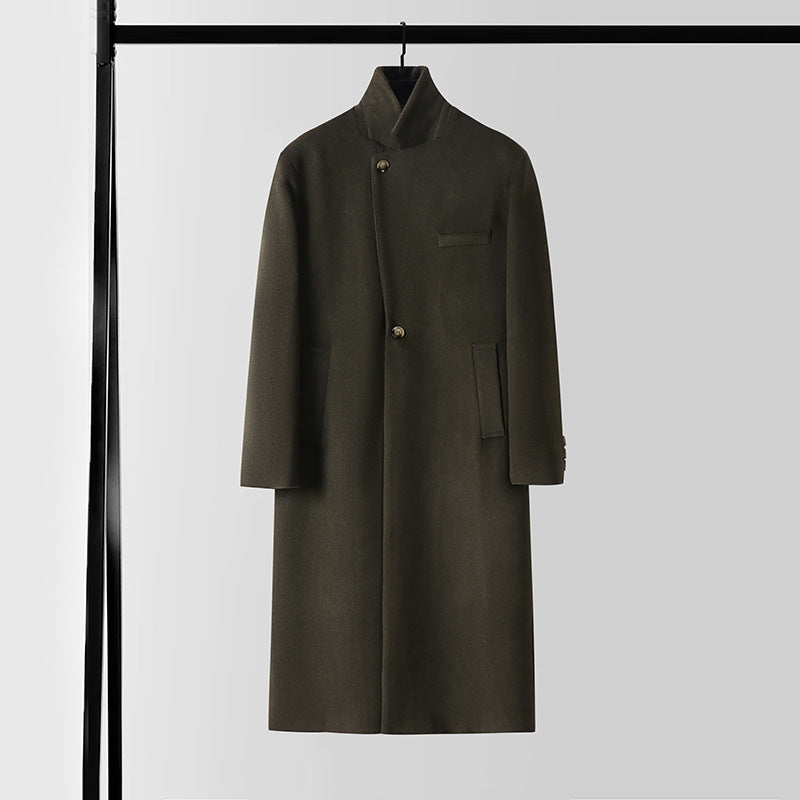 Men's Tailored Wool Blend Long Coat with Shawl Collar and One Button Closure Chichicherry