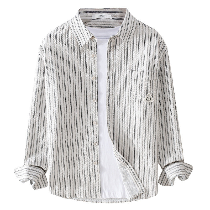 Men's Lightweight Striped Cotton-Linen Layering Overshirt with Kent Collar, Chest Pocket, and Crinkle Texture Chichicherry