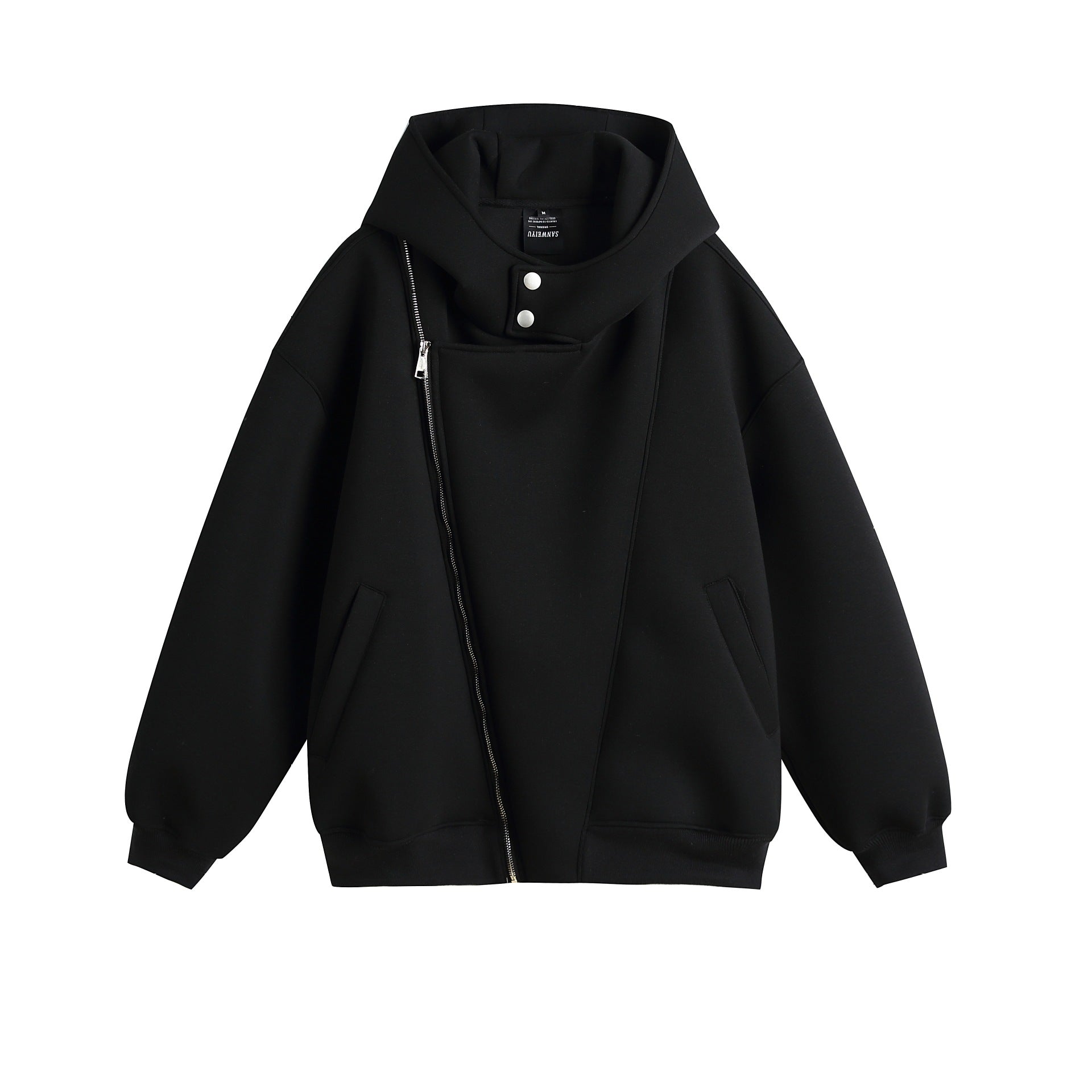 Unisex Oversize Hooded Zip Jacket with Asymmetrical Zip and High Funnel Collar Chichicherry