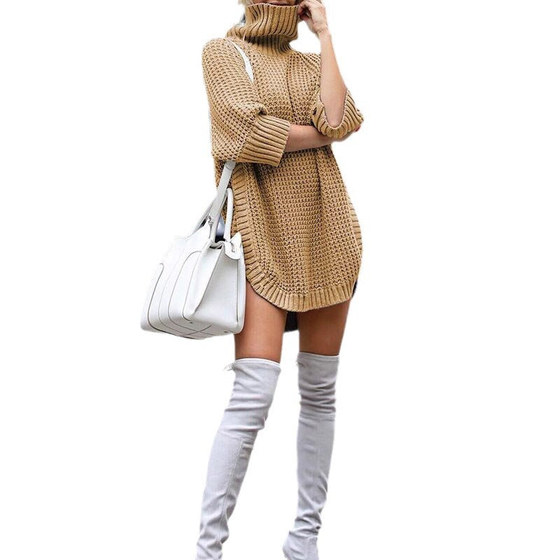 Women's Knit Mini Dress with Coarse Waffle Knit, Turtleneck and Extended Back Hem Chichicherry