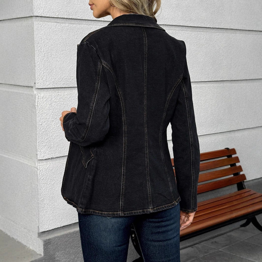 Women's tailored denim blazer with lapel collar and flap pockets Chichicherry