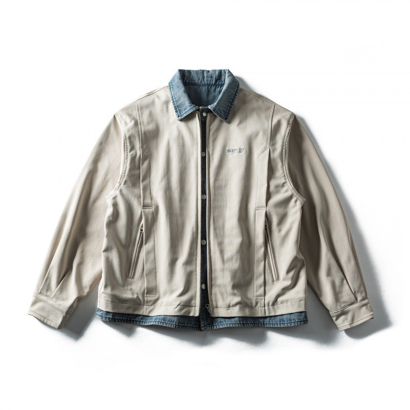 Men's short cut layered look blouson jacket with denim collar Chichicherry