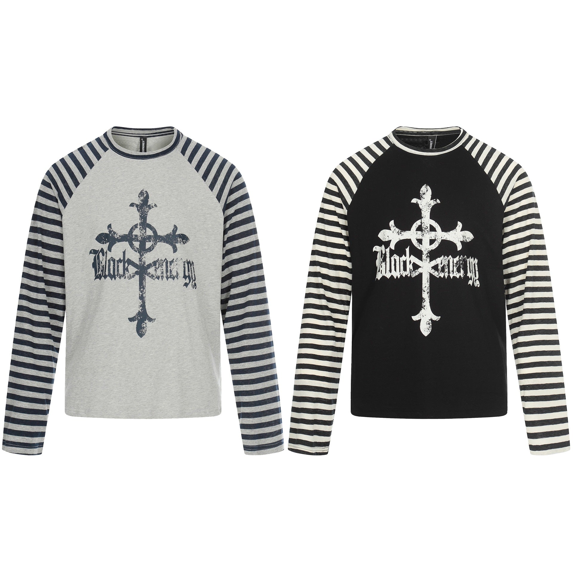 Men's Long Sleeve Raglan Shirt with Striped Sleeves and Vintage Print Chichicherry