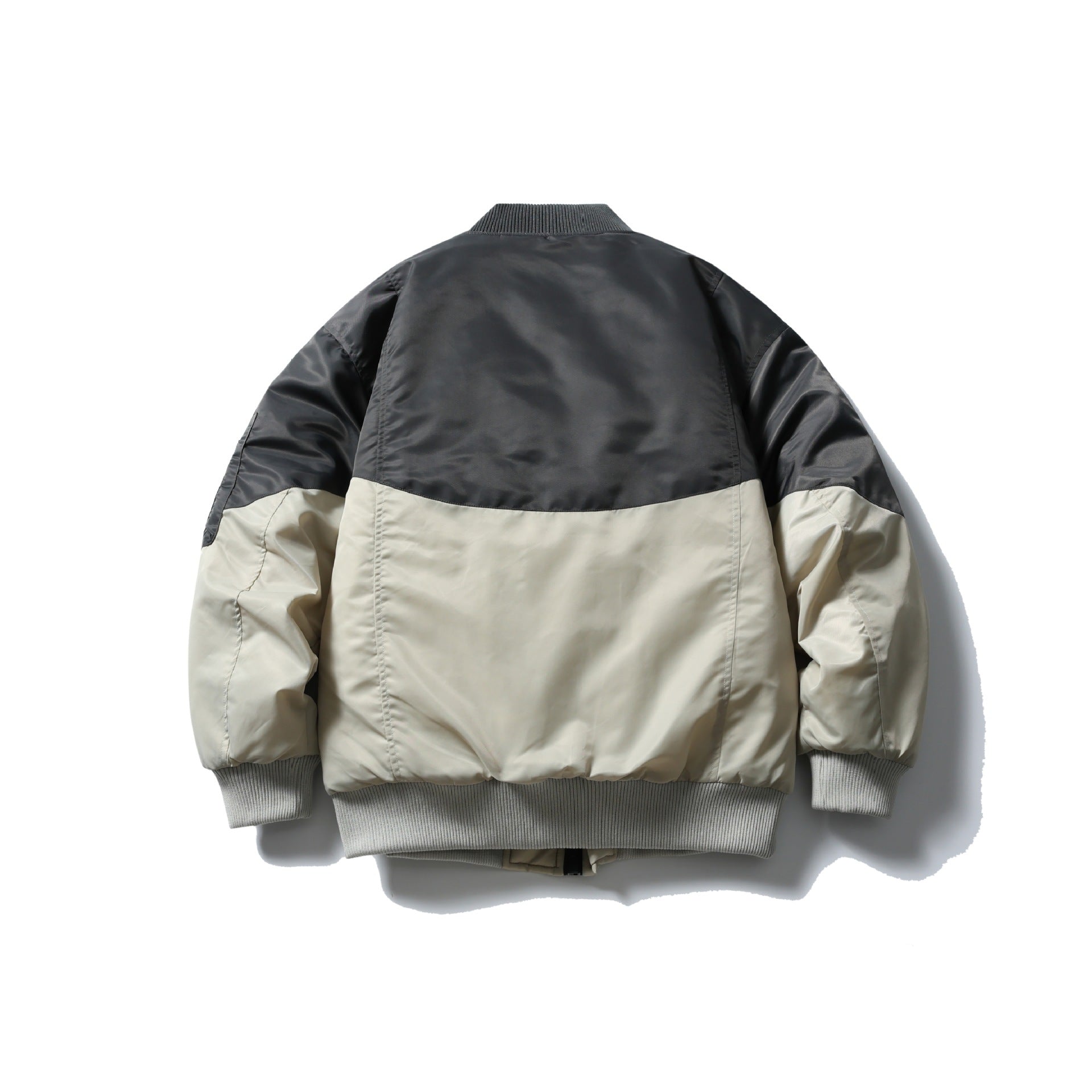 Unisex Short Cut Two-Tone Nylon Bomber Jacket with Utility Flap Pockets and Sleeve Zipper Chichicherry