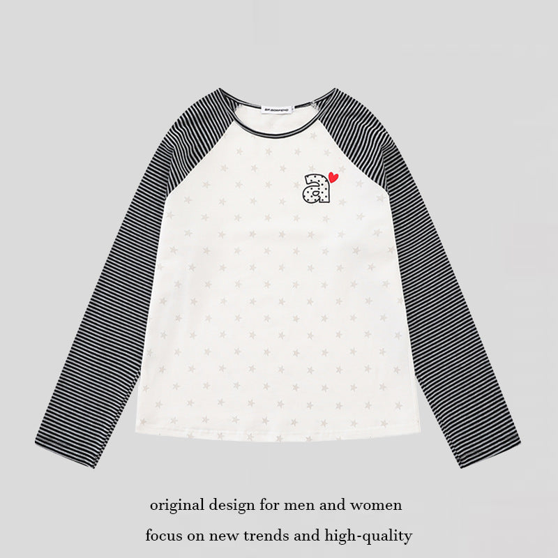 Women's raglan long sleeve shirt with striped sleeves, all-over stars and letter appliqué Chichicherry