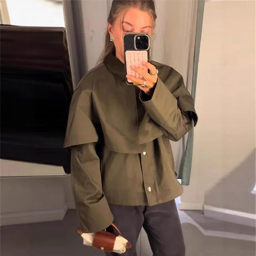 Women's Short Trench Coat with Cape Overlay and Oversized Sleeves Chichicherry