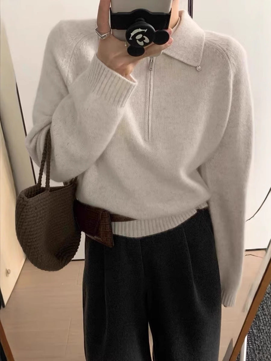 Women short zip polo sweater made of fluffy wool blend with boxy silhouette Chichicherry