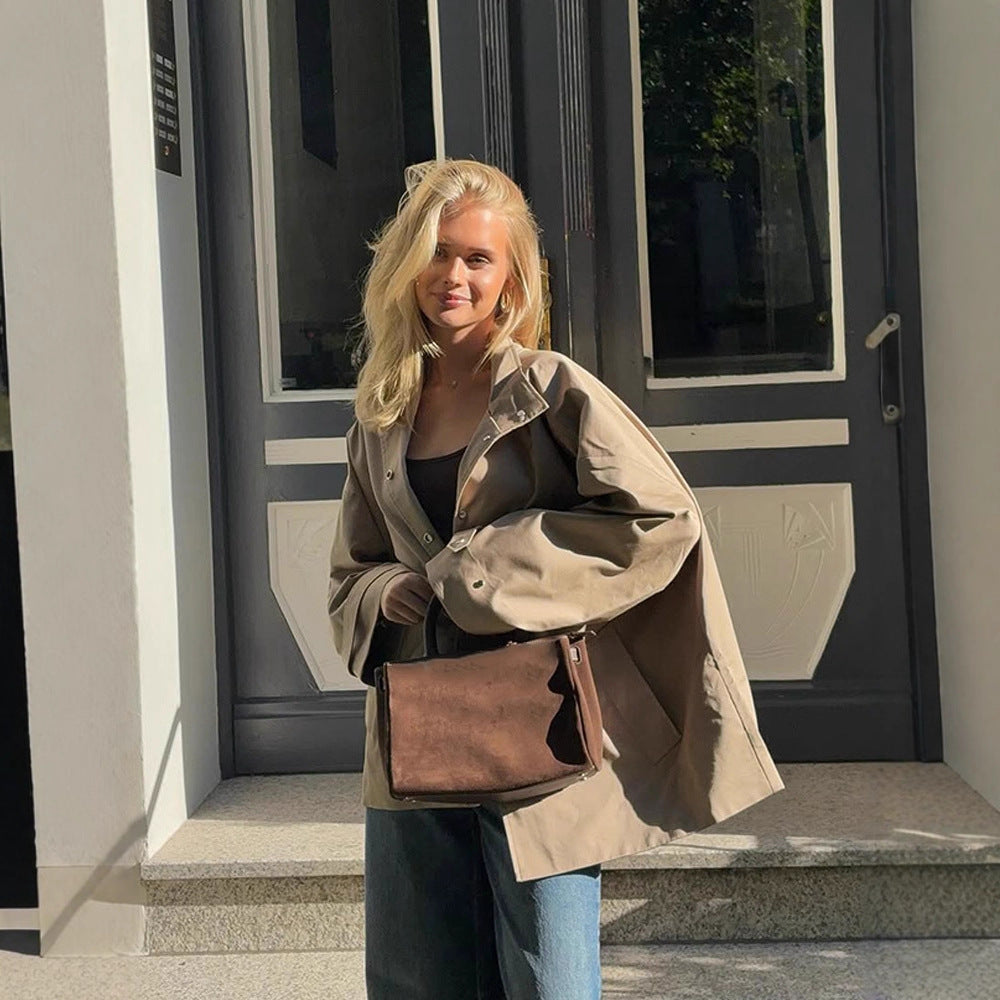 Women's oversized short coat in trench look with boxy silhouette and concealed snap button placket Chichicherry