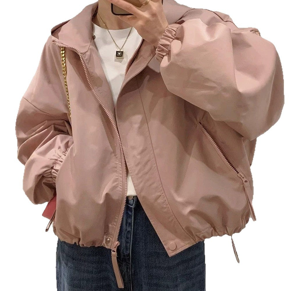 Women's oversized bomber-style hooded jacket with drawstring, elastic cuffs, and side zip pockets Chichicherry