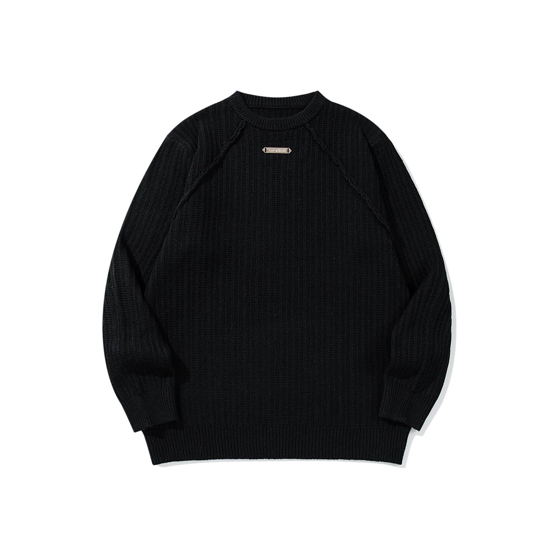 Unisex Structured Waffle Knit Crew Neck Sweater with Raglan Sleeves and Metal Logo Chichicherry