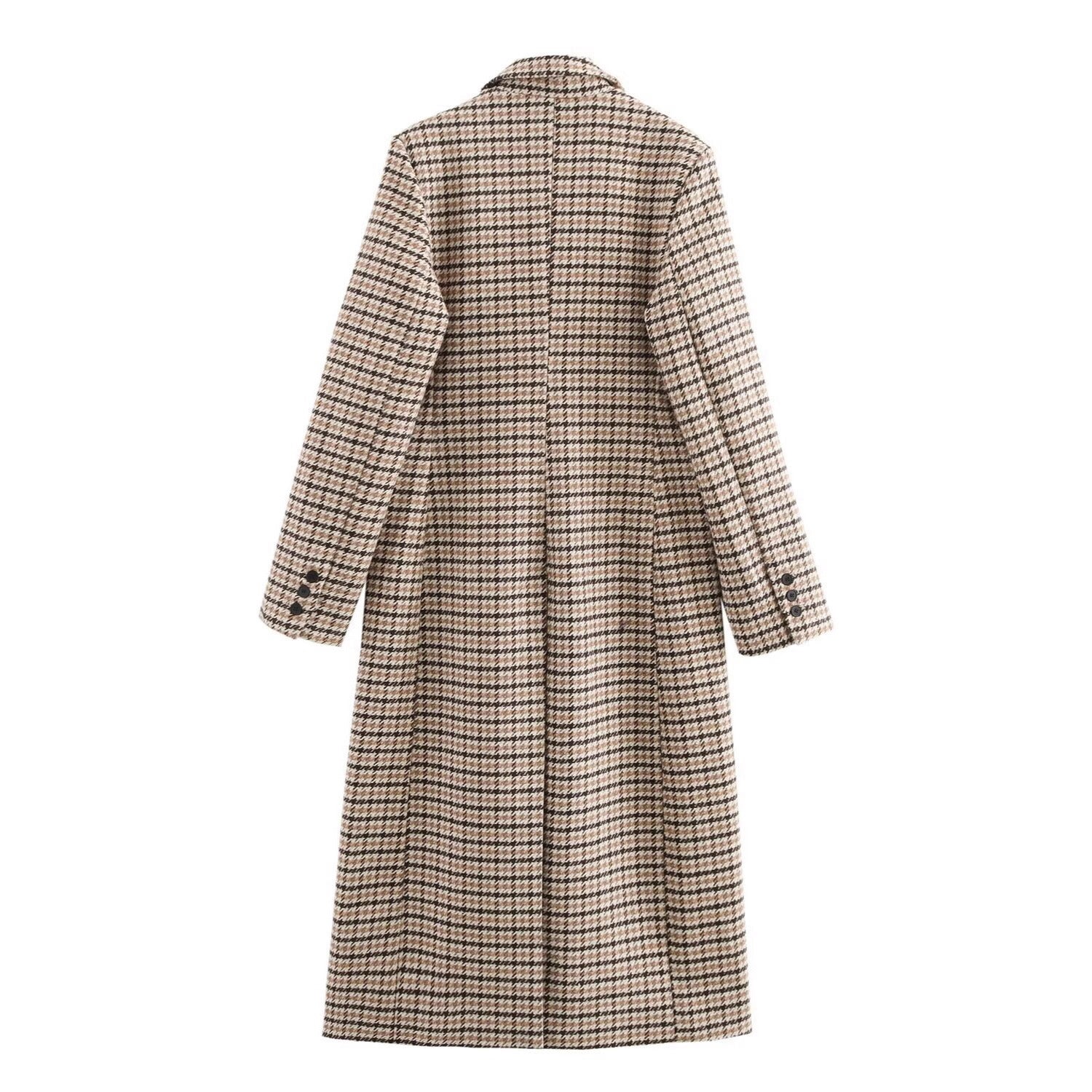 Women Long Houndstooth Coat with Lapel Collar, Two-Button Closure and Flap Pockets Chichicherry