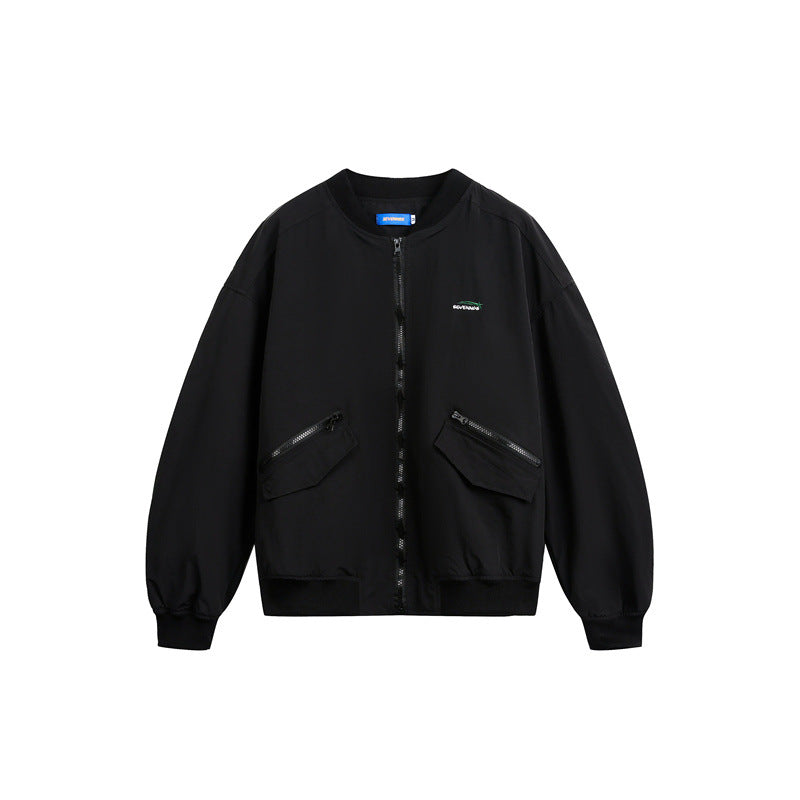 Unisex short cut lightweight nylon bomber jacket with utility pockets and ribbed hem Chichicherry