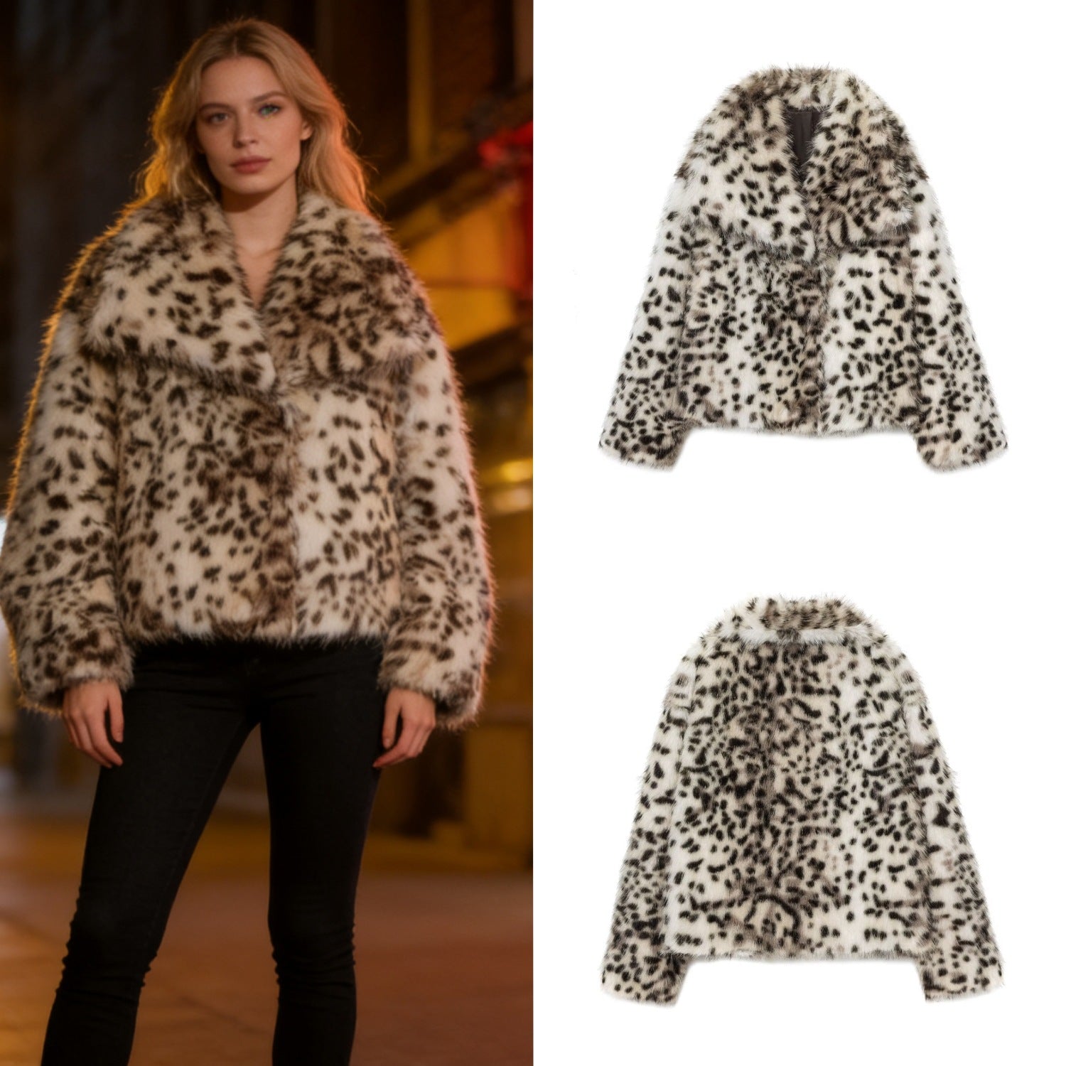 Ladies short jacket made of faux fur with leopard print and voluminous shawl collar Chichicherry