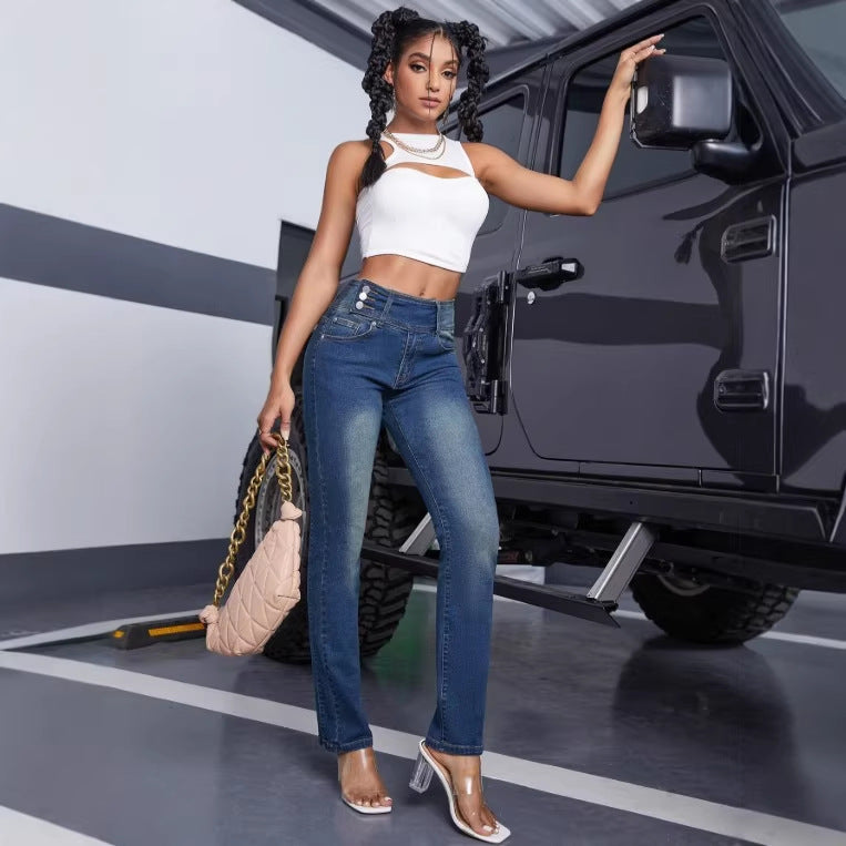Women High-Waisted Sculpting Jeans with Triple Button Placket and Straight Leg Chichicherry