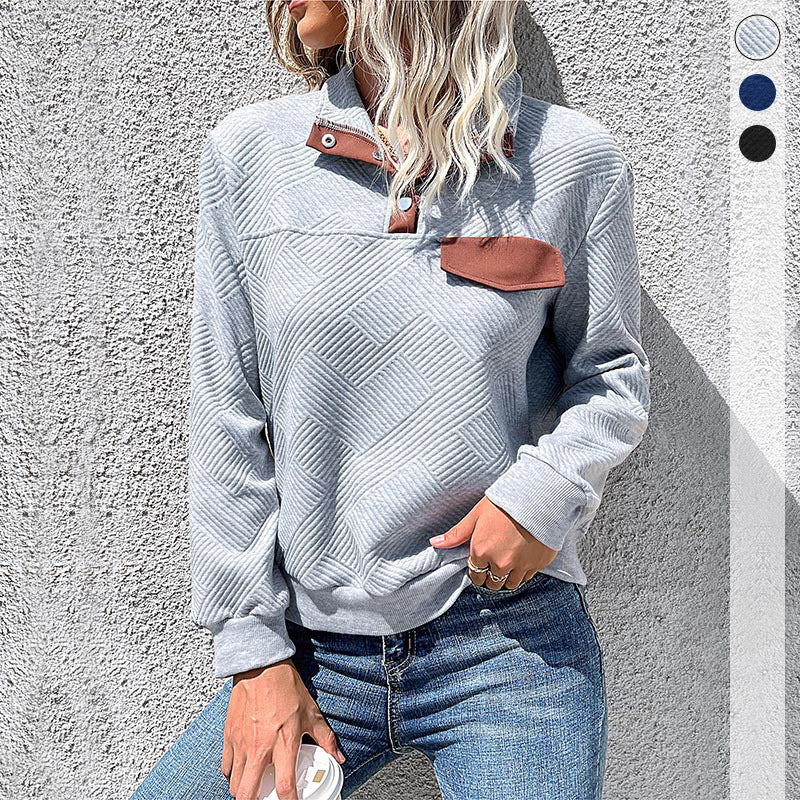 Women's Textured Stand Collar Sweatshirt with Snap Button Placket and Decorative Flap