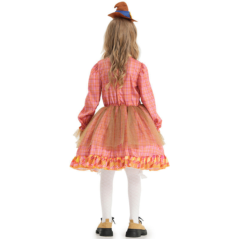 Girl Scarecrow Costume with Colorful Checkered Pattern and Stiff Hat Chichicherry