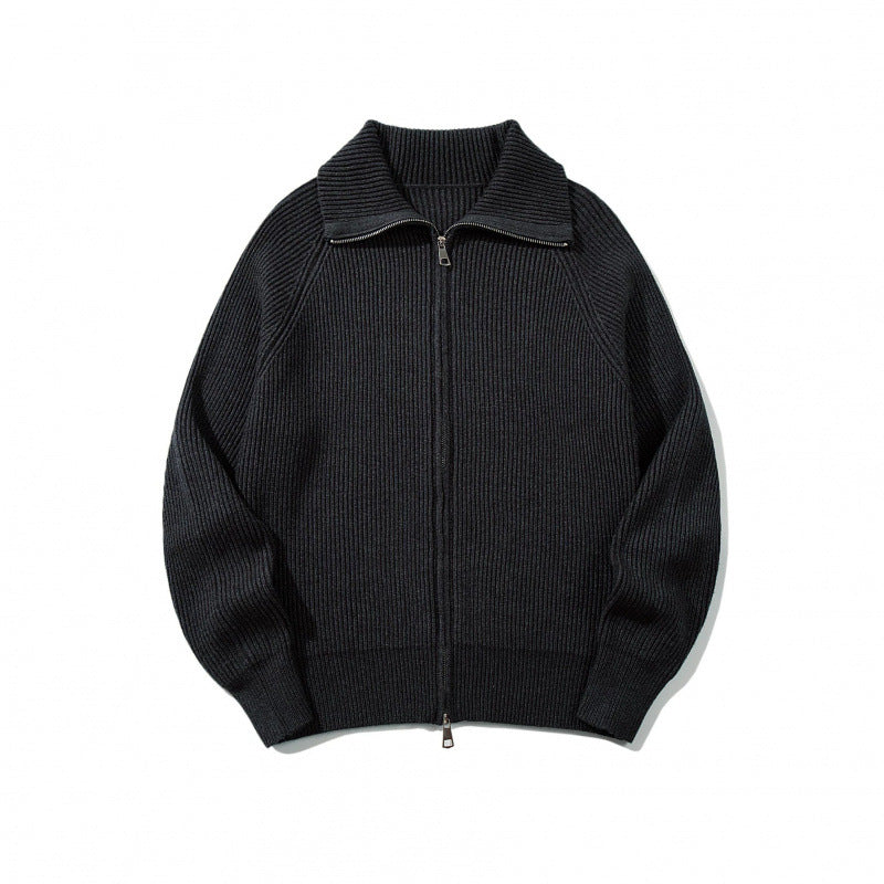 Unisex Ribbed Zip Cardigan with Stand-Up Collar, Raglan Sleeves and Two-Way Zipper Chichicherry