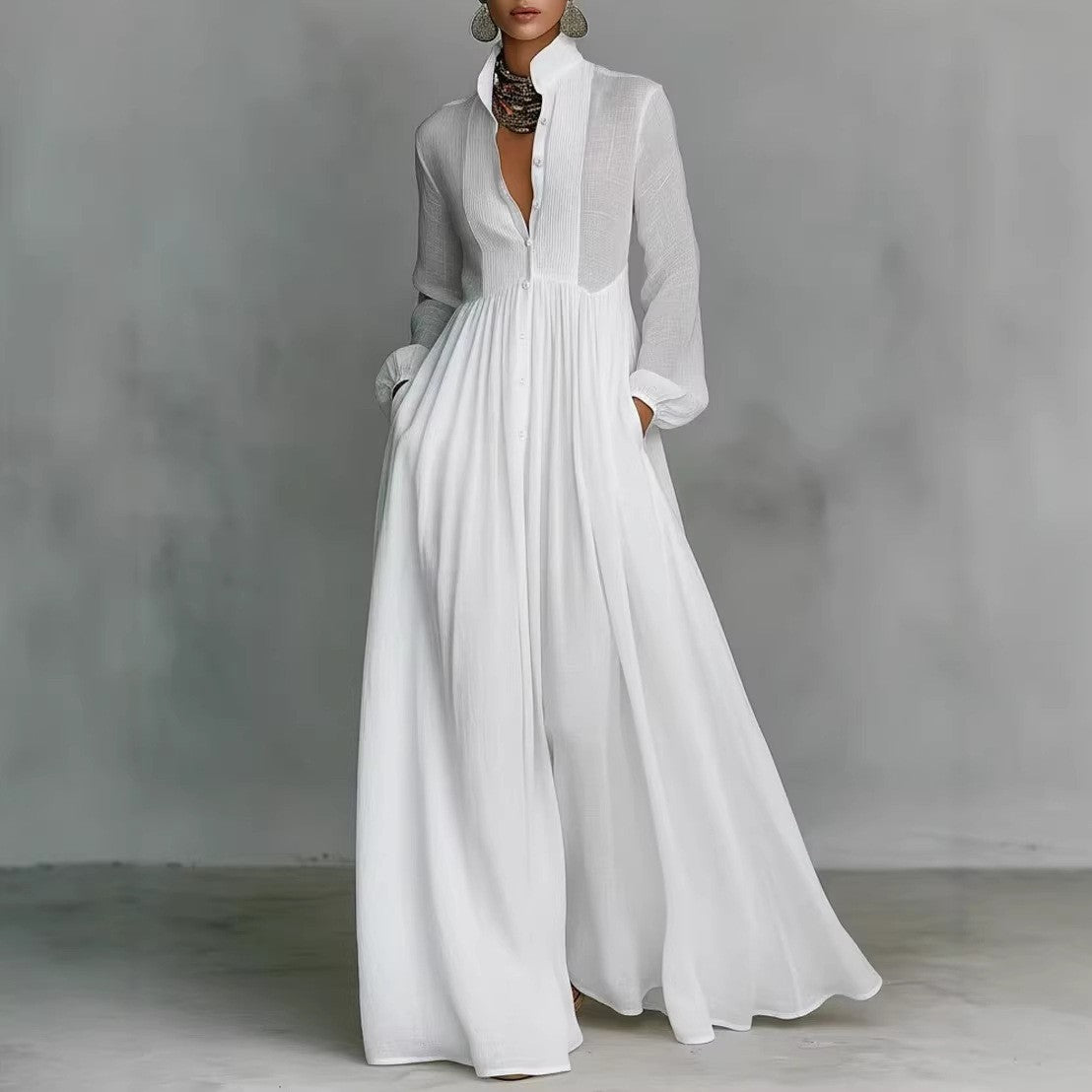 Damen Maxikleid mit Stehkragen, Knopfleiste und seitlichen Taschen Chichicherry