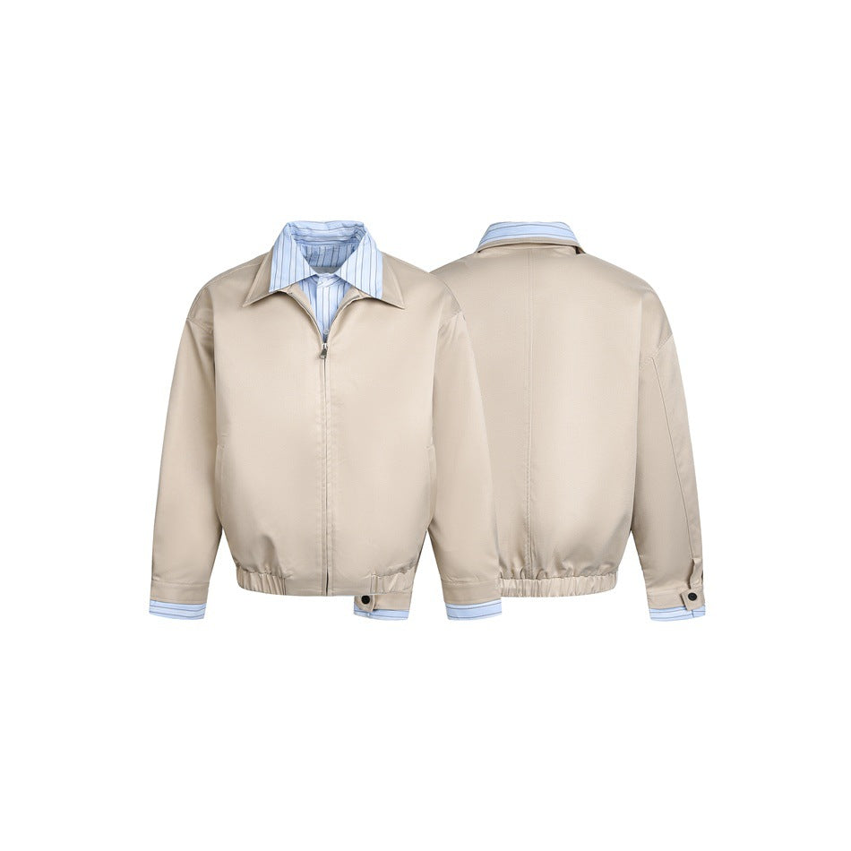 Women short cut boxy blouson jacket with striped shirt collar Chichicherry