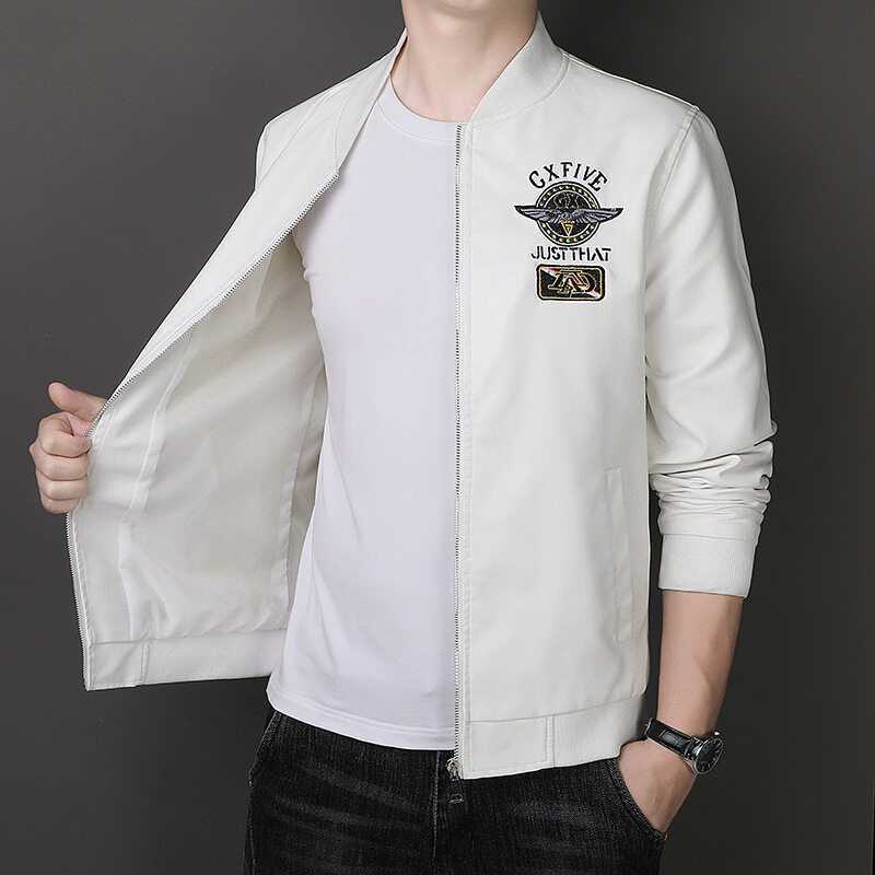 Men's Lightweight Bomber Jacket with Embroidered Patches, Short Stand-Up Collar and Zipper Chichicherry