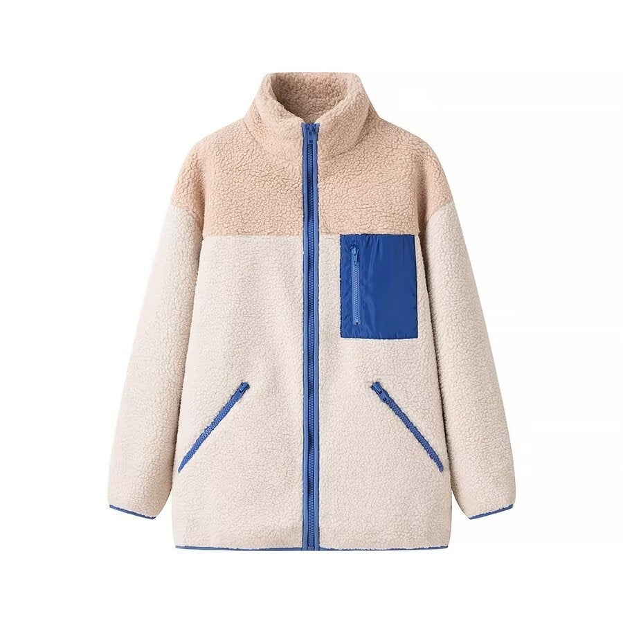 Women's Oversize Teddy-Fleece Jacket with Color Block, Stand Collar and Zipper Pockets Chichicherry