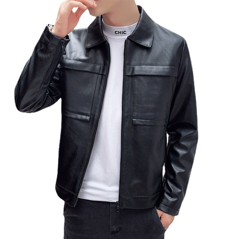 Men's minimalist artificial leather zip jacket with shirt collar and flap pockets Chichicherry