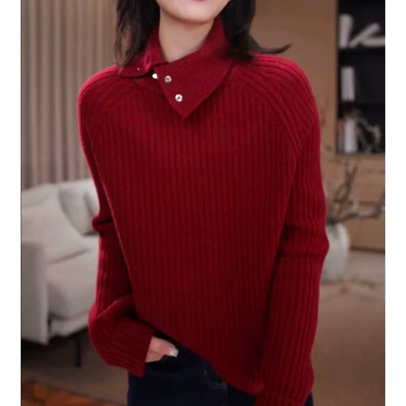 Women's turtleneck sweater with snap button placket and fine ribbed texture Chichicherry