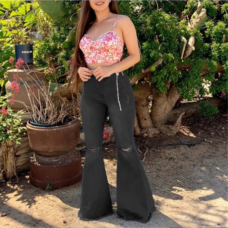 Women's High-Waisted Flared Jeans with Flared Leg, Knee Rips, and Figure-Enhancing Stretch Waistband Chichicherry