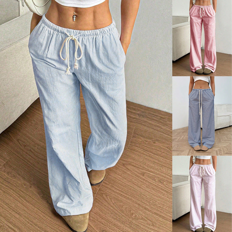 Ladies Wide Leisure Pants with Drawstring, Elastic Waistband and Fine Stripe Texture Chichicherry