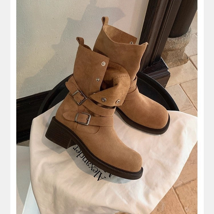 Women's suede biker boots with buckles and medium block heel Chichicherry