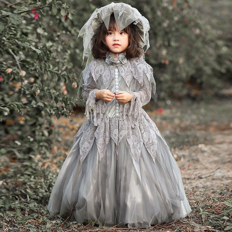 Girls enchanting ghost costume with lace embellishments Chichicherry