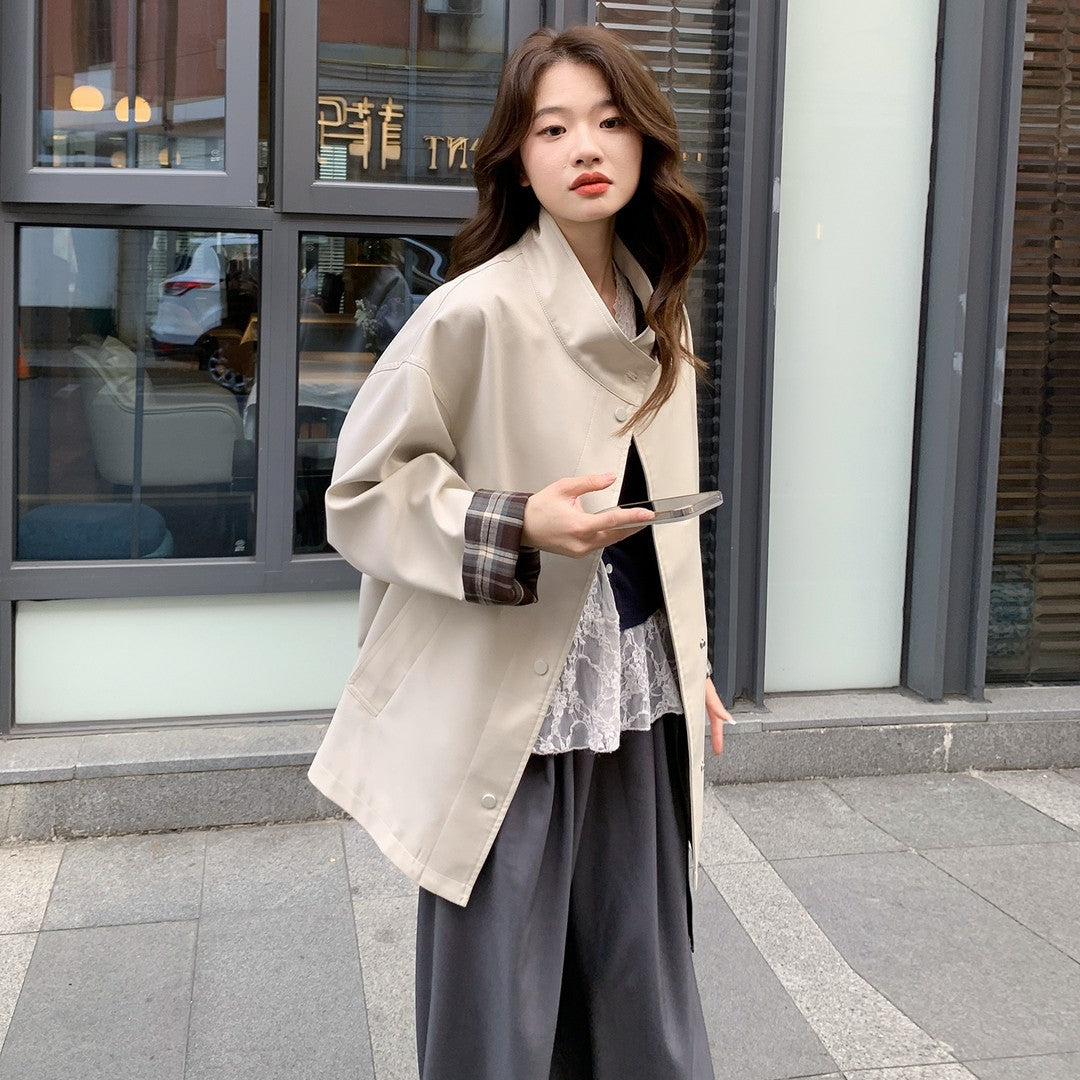 Women Oversized Short Coat with Stand-Up Collar and Checked Sleeve Lining Chichicherry
