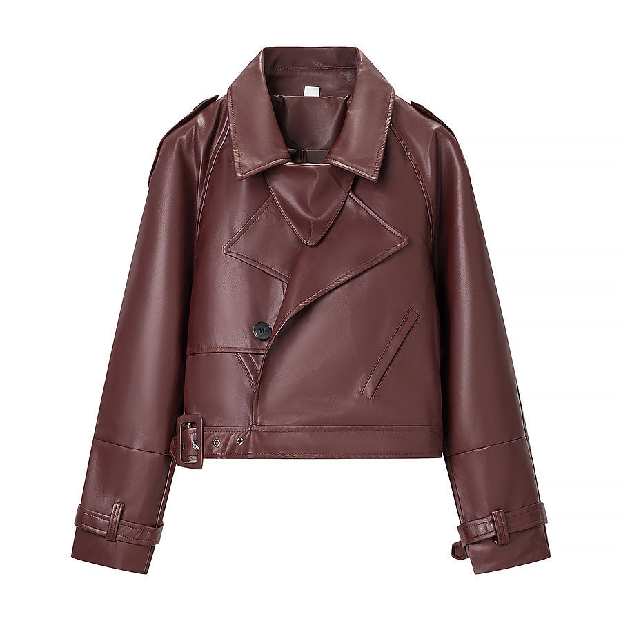 Women short cut biker jacket in leather look with asymmetrical lapel and waist belt Chichicherry