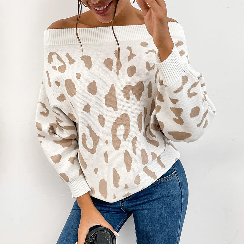 Women's Oversized Off-Shoulder Fine Knit Sweater with Animal Jacquard and Wide Folded Collar Chichicherry