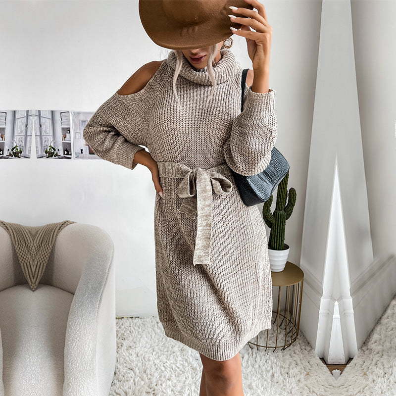 Women's knitted tunic dress with roll neck, cut-out shoulders, and tie belt Chichicherry