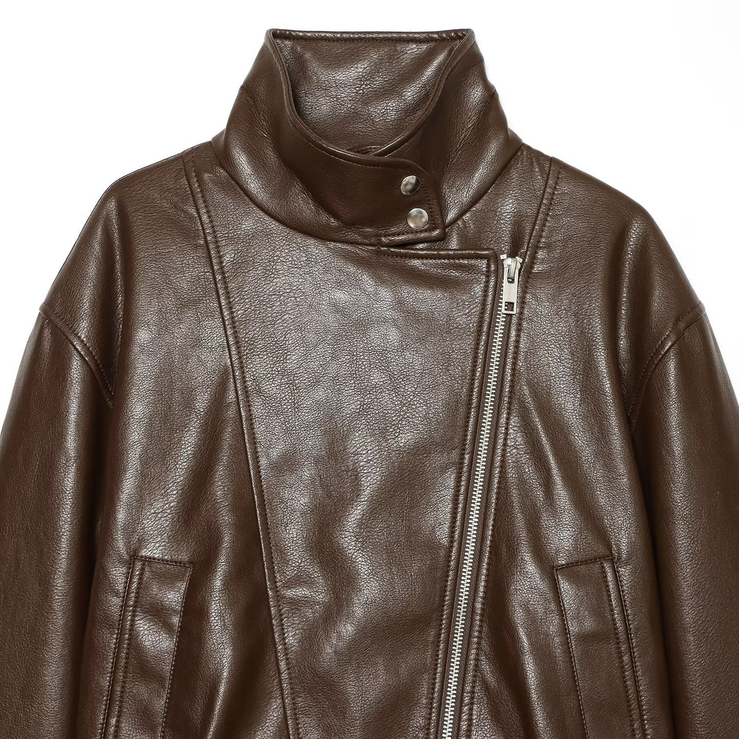 Women tailored leather-look biker jacket with high funnel collar Chichicherry