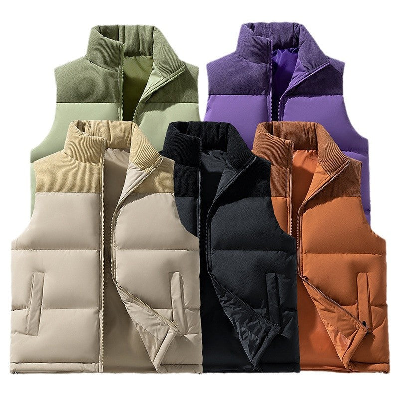 Men's Padded Quilted Vest with Corduroy Shoulder Panel and High Stand Collar Chichicherry