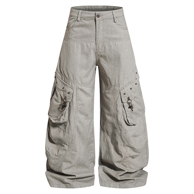 Women Wide High-Waist Cargo Culotte Jeans Pants with Flap Pockets and Vintage Wash Chichicherry