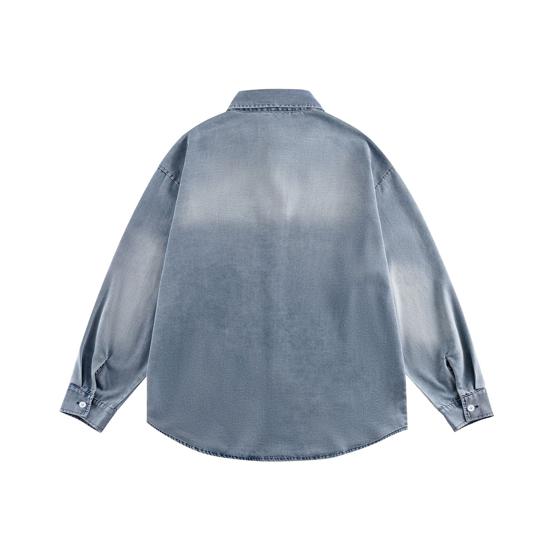 Unisex Oversize Denim Shirt Jacket with Rounded Hem and Embroidered Chest Motif Chichicherry