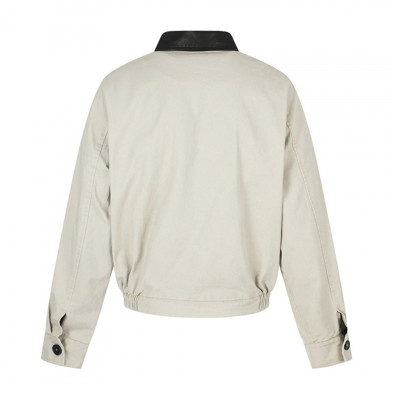 Men's short-cut bomber blouson jacket in vintage canvas with leather collar and waist belt Chichicherry