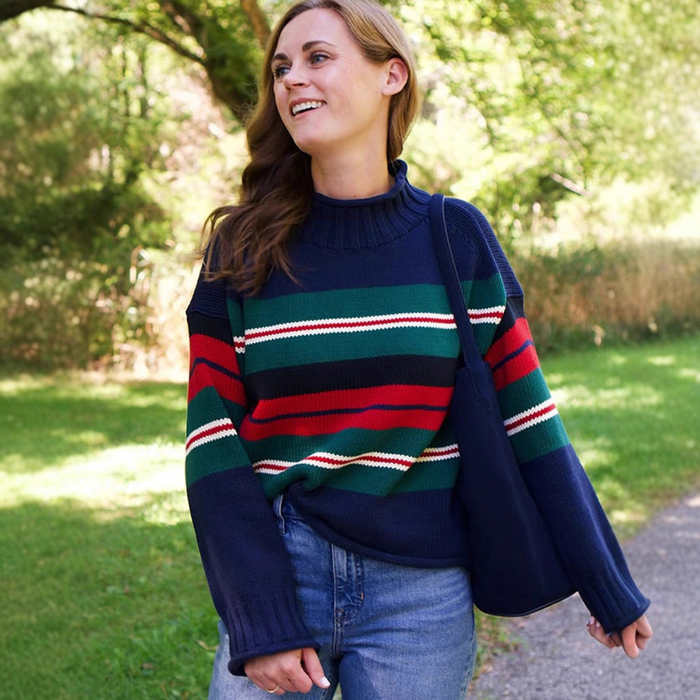 Women Striped Oversize Knit Sweater with Raglan Sleeves Chichicherry