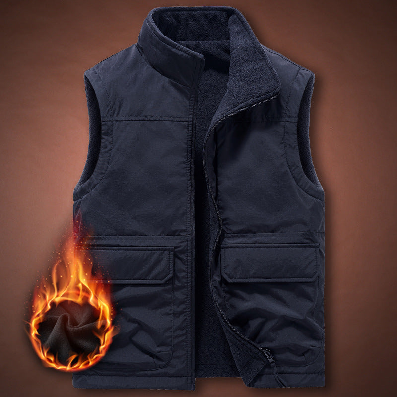 Men's Thermal Fleece Vest with windproof nylon outer layer, high stand collar, and multifunctional pockets Chichicherry