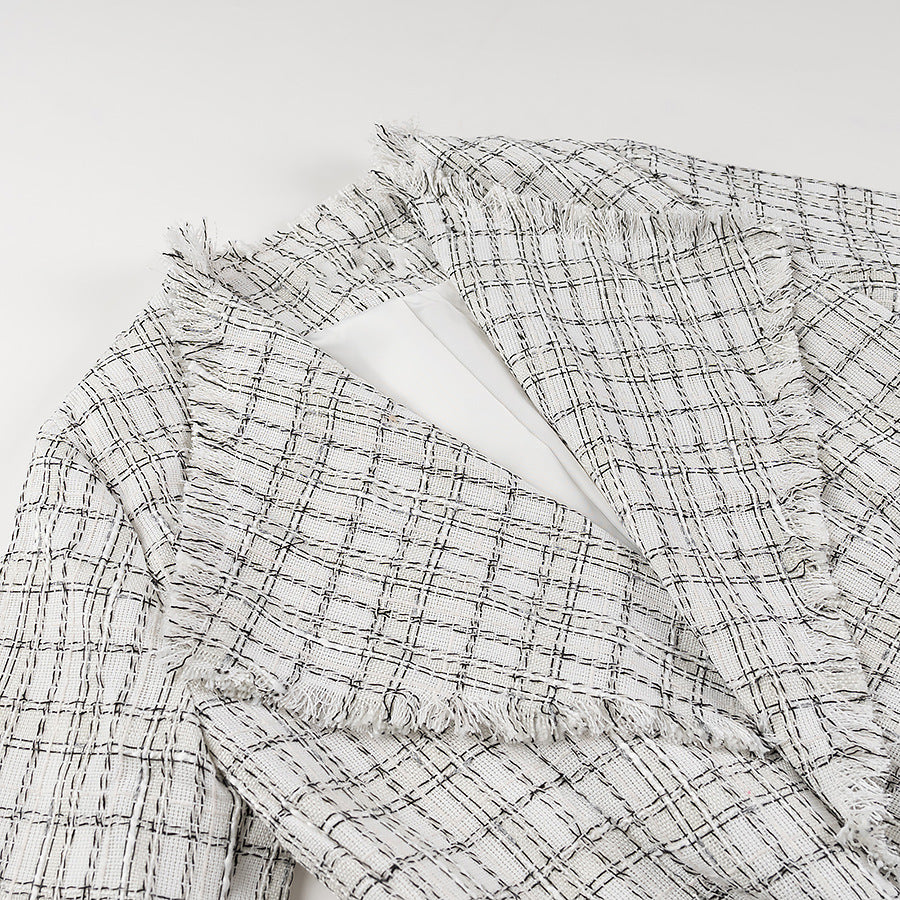 Women's Tailored Boucle Short Coat with Shawl Collar and Tie Belt Chichicherry