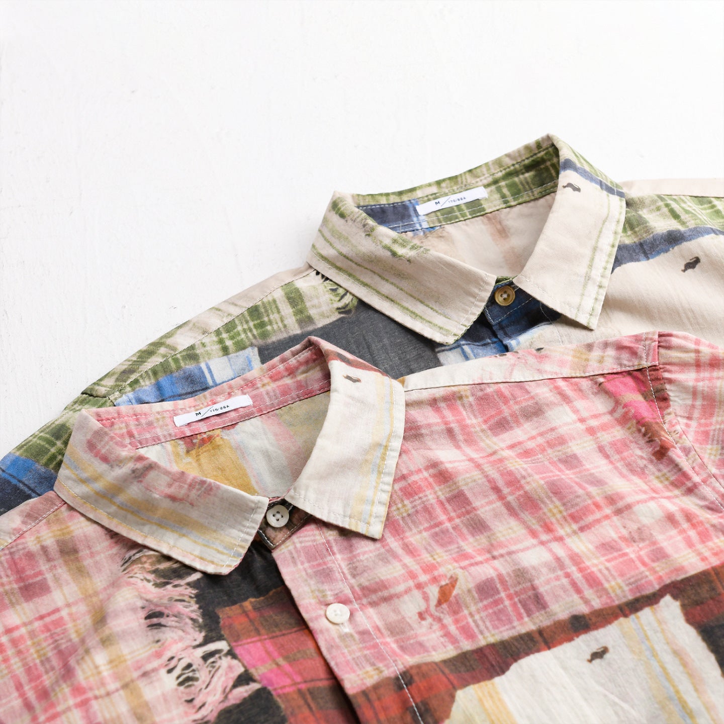 Men's Relaxed Patchwork-Check Shirt Jacket with Frayed Edges and Crinkle Finish Chichicherry