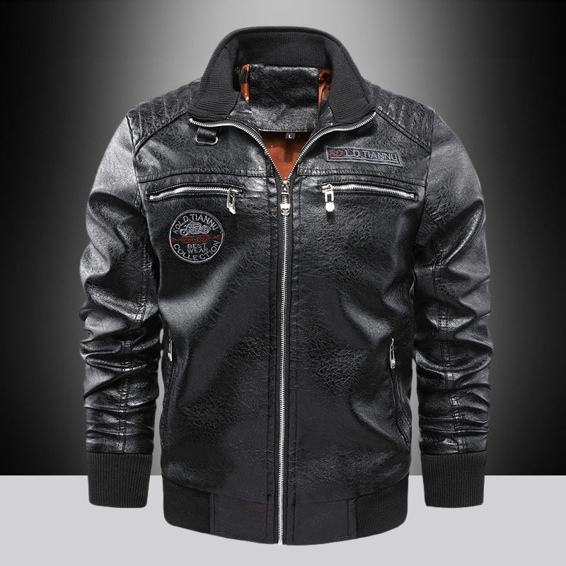 Men's Faux Leather Pilot Jacket with Zipper, Chest Pockets and Ribbed Cuffs Chichicherry