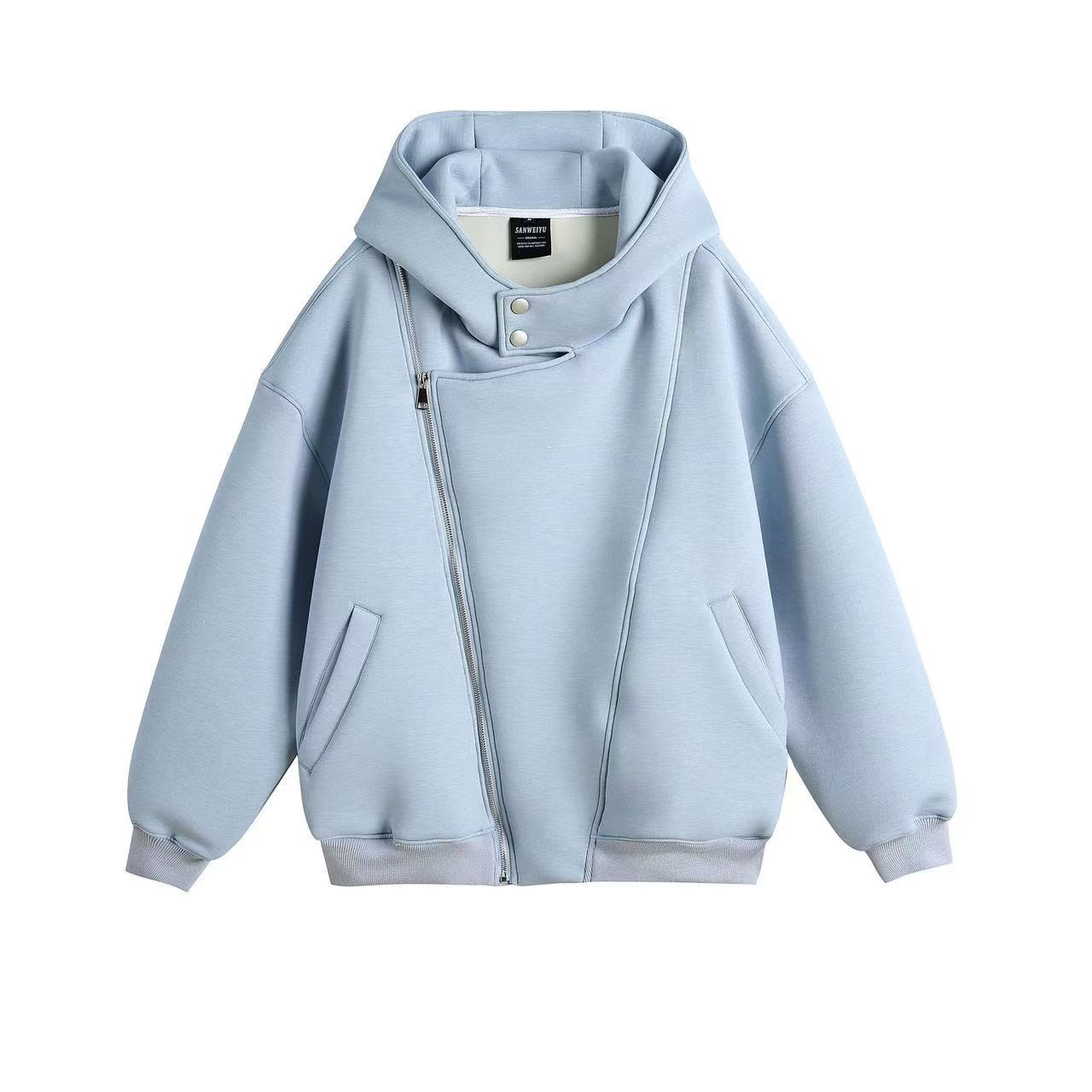 Unisex Oversize Hooded Zip Jacket with Asymmetrical Zip and High Funnel Collar Chichicherry