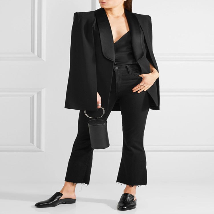 Women Tailored Evening Cape Blazer with Satin Shawl Collar and Cape Sleeves Chichicherry